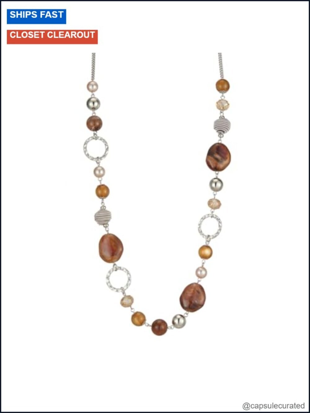 Long Beaded Necklace - Silver Chain with Resin and Glass Crystal Beads